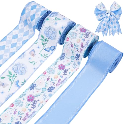 PLIGREAT 20 Yards Blaue Serie Blumendrahtband 6.3cm Breites Vintage Hortensien Blumenband Mit Kariertem Aufdruck Dekoration Für Partys DIY Bastelarbeiten Verpacken von Kränzen Und Schleifen 4 Rollen PLIGREAT 20 Yards Blaue Serie Blumendrahtband 6.3cm Breites Vintage Hortensien Blumenband Mit Kariertem Aufdruck Dekoration Für Partys DIY Bastelarbeiten Verpacken von Kränzen Und Schleifen 4 Rollen von PLIGREAT