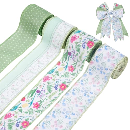 PLIGREAT 20 Yards Grüne Serie Blumendrahtband 6.3cm Breit Vintage Wildblumen Blumenband Dekoration Für Party DIY Basteln Verpacken Kränze Schleifendekoration 4 Rollen PLIGREAT 20 Yards Grüne Serie Blumendrahtband 6.3cm Breit Vintage Wildblumen Blumenband Dekoration Für Party DIY Basteln Verpacken Kränze Schleifendekoration 4 Rollen von PLIGREAT