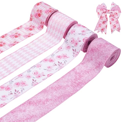 PLIGREAT 20 Yards Pink Series Blumendrahtband 6.3cm Breites Vintage Rosen Blumenband Mit Kariertem Aufdruck Dekoration Für Party DIY Basteln Verpacken Schleifen Kränze Dekoration 4 Rollen PLIGREAT 20 Yards Pink Series Blumendrahtband 6.3cm Breites Vintage Rosen Blumenband Mit Kariertem Aufdruck Dekoration Für Party DIY Basteln Verpacken Schleifen Kränze Dekoration 4 Rollen von PLIGREAT