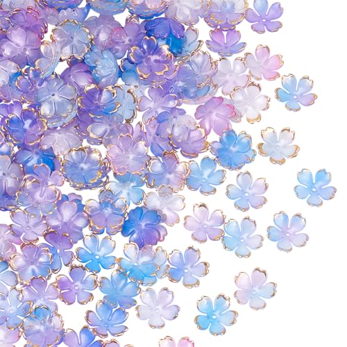 PLIGREAT 200 Stück Kirschblüten Acryl Blumenperlen 5 Blütenblatt Vergoldeter Farbverlaufs Blumenanhänger Mini Blumen Abstandshalterperlen Für Halsketten DIY Schmuckherstellung Blau von PLIGREAT