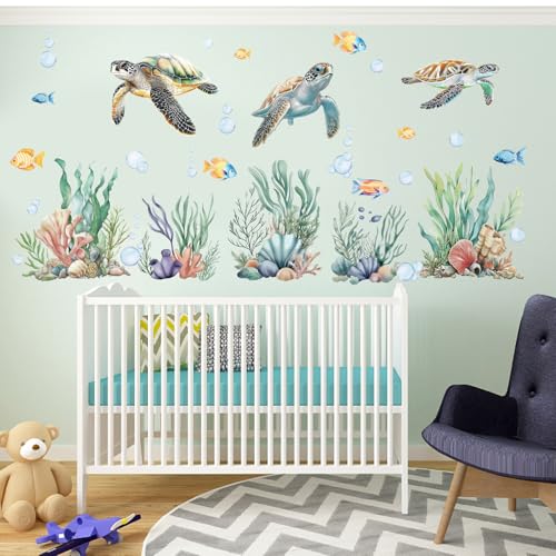 PLIGREAT 3 Blätter Aquarell Schildkröten Wandaufkleber Seegras Meer Welt Abnehmbare Vinyl Wandtattoos für Kinder Schlafzimmer Lesezimmer Kinderzimmer Wohnzimmer Wand DIY Dekorative Aufkleber von PLIGREAT