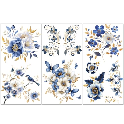 PLIGREAT 3 Blätter Blaue Blume reiben auf Transfers für Möbel Vintage Zweige Transfer Aufkleber für Holz Kommoden Kleiderschrank Schublade Schrank Keramik Scrapbooking Kunsthandwerk Dekorativ von PLIGREAT