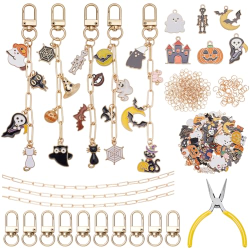 PLIGREAT 344 Halloween Anhänger Schlüsselanhänger Bastelset Geister Kürbis Kettenanhänger Zum Basteln Mit 140 Halloween Anhänger 25 Schlüsselanhänger Clips 175 offenen Ringen Zum Basteln von Schmuck von PLIGREAT