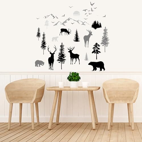 PLIGREAT 35 Stück Wald Tiere Wandtattoo Schwarz-Weiß Landschaft Malerei Wand Art Decor Abnehmbare Hirsch Bäume Berge Wandtattoos Für Wohnzimmer Schlafzimmer Fenster Dekoration von PLIGREAT