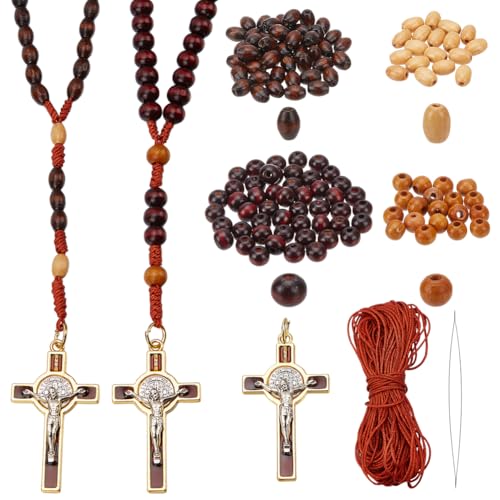 PLIGREAT 4 Sets DIY Rosenkranz Schmuck Herstellung Kit 356 Teile Halskette Armband Herstellung Set Holz Perle Metall Kreuz Kit Rosenkranz Gebet Herstellung Zubehör für Anfänger von PLIGREAT