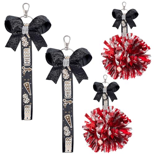 PLIGREAT 4 Stück Cheerleader Pom Pom Halter Für Rucksack Schwarzer Glitzer Schleife Cheerleader Anhänger Gurt Mit Goldenem Cheer Aufdruck Für Sport Im Teenageralter von PLIGREAT