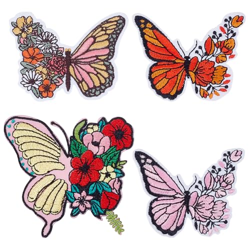 PLIGREAT 4 Stück Schmetterling und Blumen Aufbügeln Applikation Patche Bunte Stickerei Aufnäher Aufnäher Aufnäher dekorative Reparatur Patch für Kleidung Jacken Taschen Jeans DIY Nähzubehör von PLIGREAT