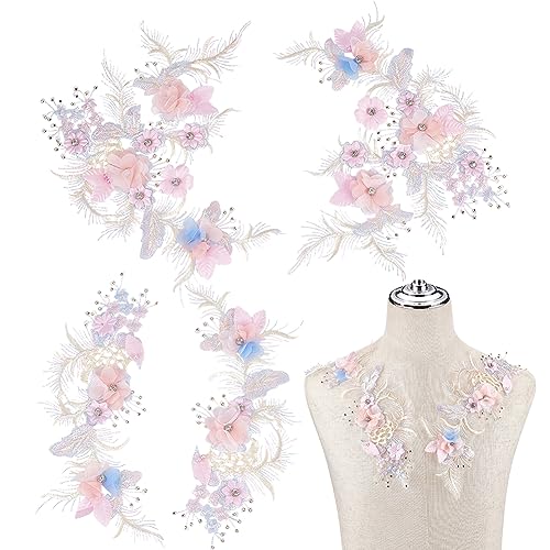 PLIGREAT 4 Stück dreidimensionale blumen bestickte spitze applikationen, perlen applikation patches für braut hochzeit prom kleider schneiderei liefert DIY handwerk zubehör von PLIGREAT