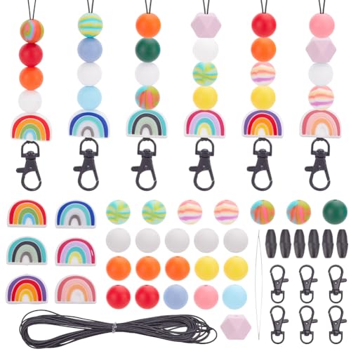 PLIGREAT 6 Sets DIY Regenbogen Silikon Perlen Hängende Auto Charms Leopard Print Perlen Lanyard Herstellung Kit für Auto ID Badges Schlüsselanhänger Klassische Colrful Perlen Lanyard Halskette von PLIGREAT
