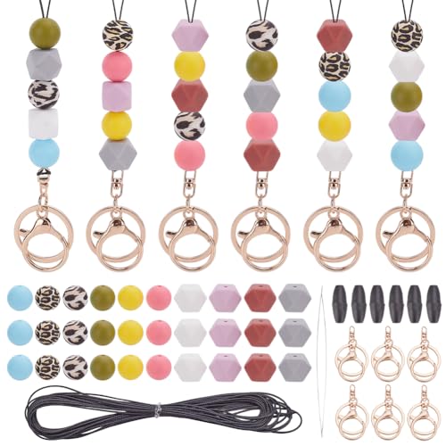 PLIGREAT 6 Sets Silikon Perlen Lanyard Herstellung Kit Leopard Print Perlen Hängende Charms für Auto ID Abzeichen Schlüsselanhänger Klassische Colrful Perlen Lanyard Halskette DIY Handwerk von PLIGREAT