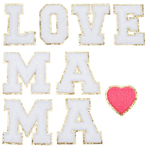 PLIGREAT 9 Stück Mama gestickte Aufnäher, Liebe Herz nähen auf Eisen auf Patches Chenille Buchstaben Patches dekorative Reparatur Patches Muttertag Stoffaufnäher für Kleidung Hüte DIY Supplies von PLIGREAT