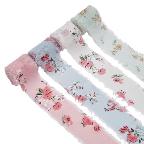 PLIGREAT Chiffon-Satinband mit Blumenmuster, 4,1 cm breit, ausgefranster Rand, handgefertigt, für Hochzeit, Brautstrauß, Geschenkverpackung, Basteln, 4 Rollen von PLIGREAT