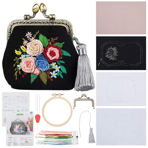 PLIGREAT DIY Blumenstickerei Set Für Geldbörsen Für Anfänger Blaue Nähhandtasche Mit Prägung Und Kussverschluss Süßes Florales Handgefertigtes Wechselgeldbeutel Set Für Erwachsene Zum Selbermachen von PLIGREAT