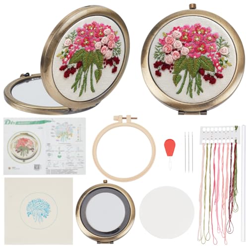 PLIGREAT DIY Spiegel Stickset Kreuzstich Spiegel Set Mit Hortensien Stempel Rote Blumenstickerei Schminkspiegel Für Anfängerinnen Und Frauen DIY Basteln Tragbarer Runder Handspiegel von PLIGREAT