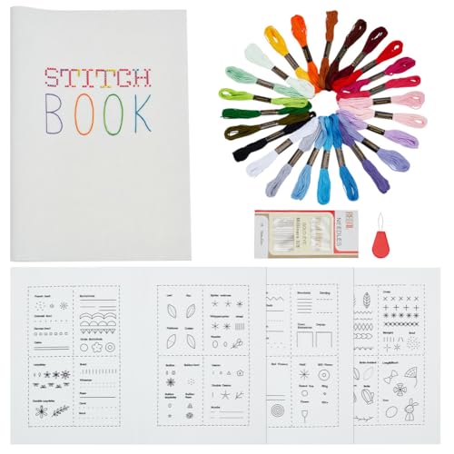 PLIGREAT DIY Stichbuch Stickerei Für Anfänger Und Erwachsene Stickstichanleitung Nähübungs Set Mit Stickgarn In 24 Farbe 2 Einfädler 1 Satz Mit 16 Nadeln 4 Seiten von PLIGREAT