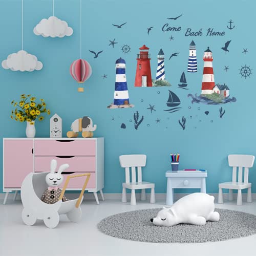 PLIGREAT Leuchtturm Wandtattoo Maritimes Abenteuer Thema für Jungen-Schlafzimmer Dekoration Segelboot Möwen Wandsticker DIY Kinderzimmer Wohnzimmer Büro Schlafzimmer Kunst Wandbild Aufkleber von PLIGREAT