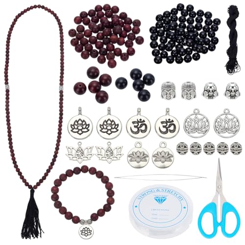 PLIGREAT Mala Perlen Schmuck Herstellung Kit Palisander Perlen mit Spacer Buddha Chakra Charm Mala Herstellung Kit Gebet Herstellung Zubehör für Anfänger DIY Rosenkranz Armband Halskette Lanyard von PLIGREAT