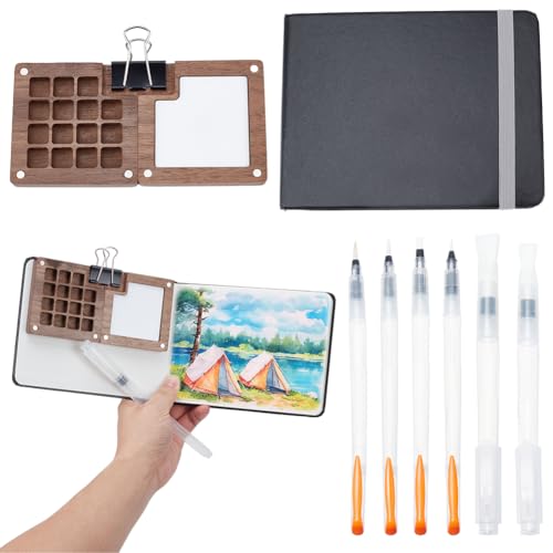 PLIGREAT Mini Skizzenbuch Tragbares Aquarell Paletten Set Holz 15 Gitter Malkasten, Aquarell Papierblock Aquarell Skizzenbuch Aquarell Pinsel Stifte mit Bindeklammern für Maler Künstler Studenten PLIGREAT Mini Skizzenbuch Tragbares Aquarell Paletten Set Holz 15 Gitter Malkasten, Aquarell Papierblock Aquarell Skizzenbuch Aquarell Pinsel Stifte mit Bindeklammern für Maler Künstler Studenten von PLIGREAT
