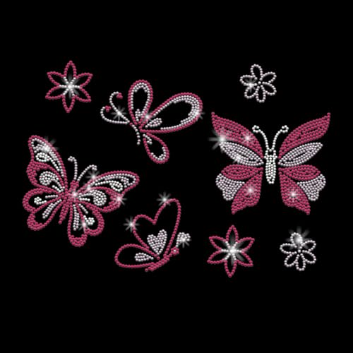 PLIGREAT Schmetterling Blumen Bügelbild Hotfix Transfer Glitzer Rosa Strass Transfers Patches für Kleidung Jacke Taschen Frauen T-Shirt DIY Verzierung Aufbügeln Kristall Strass Aufkleber von PLIGREAT