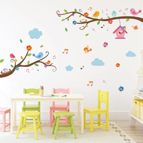 PLIGREAT niedliche Cartoon Vögel auf Baum Wandtattoo bunte singende Vögel auf Ästen Wandaufkleber für Kinder Kinderzimmer Schlafzimmer Spielzimmer Weihnachten Zuhause Indoor Wanddekoration von PLIGREAT