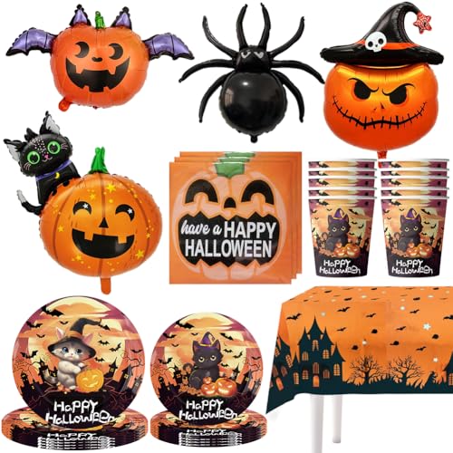 Halloween Party Geschirr Deko Set, 55 pcs Halloween Kürbisse Luftballons, Halloween Schwarze Katzeer Partygeschirr - Papierteller Dessertteller Papierbecher Tissue Tücher Ballon (10 Personen) von PLNVNVP