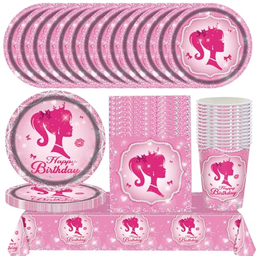 PLNVNVP 69Pcs Barbiprinzessin Party Geschirr, Barbi Thema Geburtstag Partydeko, Teller, Pappbecher, Servietten, Tischdecke, Barbi Kindergeburtstag Partyteller für Kinder, 16 Gäste von PLNVNVP
