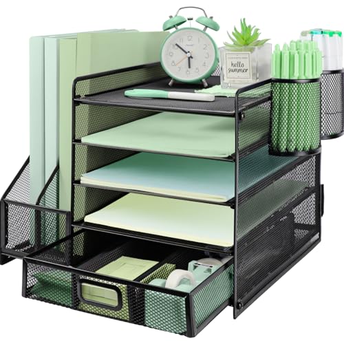 PLSOPPKG Schreibtisch Organizer mit Aktenhalter, 5 Ebenen Papier Organizer Briefablage mit Schublade und 2 Stiftehalter, Mesh Schreibtisch Akten Organizer mit Zeitschriftenhalter für Büro von PLSOPPKG