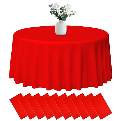 PLULON 10 Stück runde Kunststoff-Tischdecken, rote Tischdecke, 213,4 cm, wasserdichte Tischdecke, runde Tischdecke, Großpackung für Geburtstagsfeier, Hochzeit, Picknick, Zuhause, Esstischdekorationen von PLULON