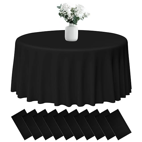 PLULON 10 Stück runde Kunststoff-Tischdecken, schwarze Tischdecke, 213,4 cm, wasserdichte Tischdecke, runde Tischdecke, Großpackung für Geburtstagsfeier, Hochzeit Picknick Zuhause Esstischdekorationen von PLULON