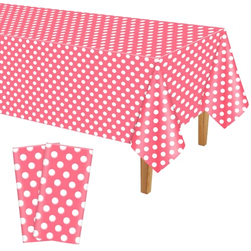 PLULON 2 Stück rosa weiße Gepunktete Tischdecke aus Kunststoff, 137 x 274 cm, rechteckige rosa Tischdecke für Hochzeit, Geburtstag, Babyparty, Party, Picknick, Zuhause, Esstischdekoration von PLULON