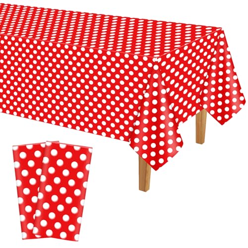 PLULON 2 Stück rot-weiß Gepunktete Tischdecke aus Kunststoff, 137 x 274 cm, rechteckige rote Tischdecke für Hochzeit, Geburtstag, Babyparty, Party, Picknick, Zuhause, Esstischdekoration von PLULON