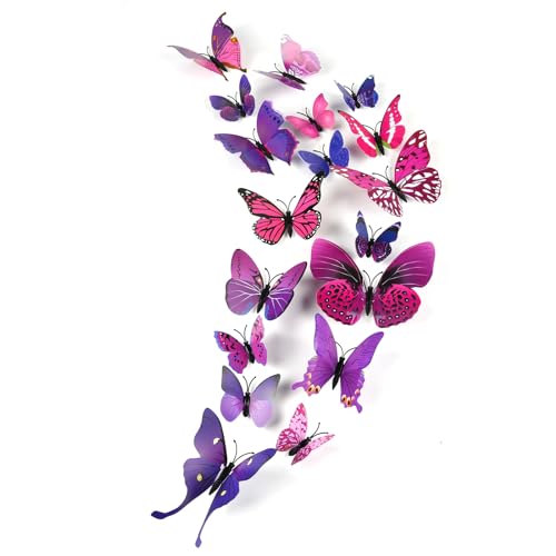 PLULON 48 Stück 3D-Schmetterlings-Wandaufkleber, Schlafzimmer-Zubehör für Kinder und Mädchen, DIY-Schmetterlinge, Dekorationen für Zuhause, Zimmer, Garten (lila) von PLULON