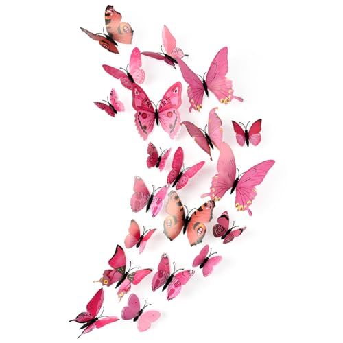 PLULON 48 Stück 3D-Schmetterlings-Wandaufkleber, Schmetterlinge, Schlafzimmer-Wandaufkleber für Mädchen, Kinder, Geburtstag, Mottoparty, Dekorationszubehör (Rosa) von PLULON