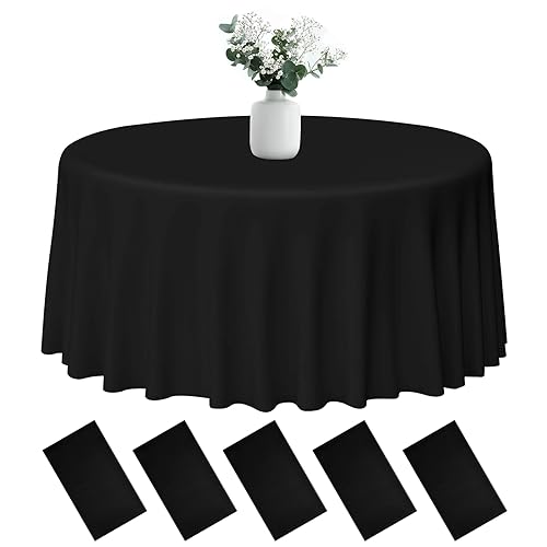 PLULON 5 Stück runde Kunststoff-Tischdecken, schwarze Tischdecke, 213,4 cm, wasserdichte Tischdecke, runde Tischdecke, Großpackung für Geburtstagsfeier, Hochzeit, Picknick Zuhause Esstischdekorationen von PLULON