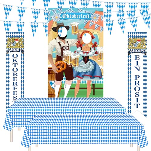 PLULON 6-teiliges Oktoberfest-Dekorations-Party-Set Oktoberfest-Fotohintergrund Willkommensbanner die Veranda Schild bayerische Tischdecke Karoflagge deutsches weiß-blaues Motto-Party-Zubehör Bierfest PLULON 6-teiliges Oktoberfest-Dekorations-Party-Set Oktoberfest-Fotohintergrund Willkommensbanner die Veranda Schild bayerische Tischdecke Karoflagge deutsches weiß-blaues Motto-Party-Zubehör Bierfest von PLULON