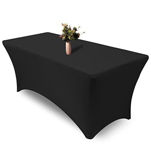 PLULON 6FT Schwarze Tischdecke rechteckige taillierte Stretch-Tischdecke waschbare elastische Spandex-Tischdecke Tischschutz Terrasse Picknick Hochzeit Geburtstag Bankett Baby Party Tischdekoration von PLULON