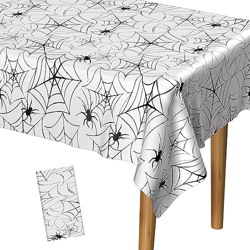 PLULON Halloween-Tischdecke 137x 274 cm Spinnennetz-Kunststoff-Tischdecke, Happy Halloween-Tischdecke für Feiertags-Dinner-Tischdekorationen, Halloween-Partyzubehör von PLULON