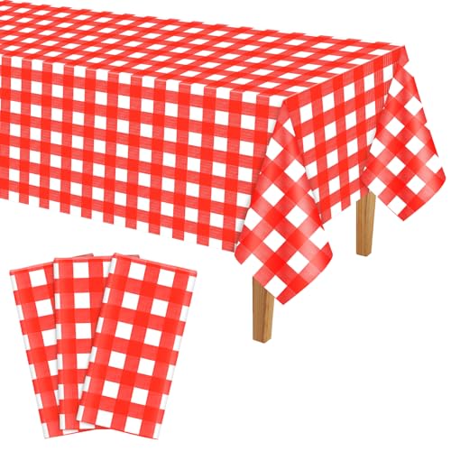 PLULON 3er-Pack rot-weiß Karierte Tischdecken Kunststoff Büffelkaro-Tischdecke Gingham-rote Tischdecke 137 x 274 cm Picknick Babyparty Geburtstag Weihnachten Party Urlaub Abendessen Tischdekoration von PLULON