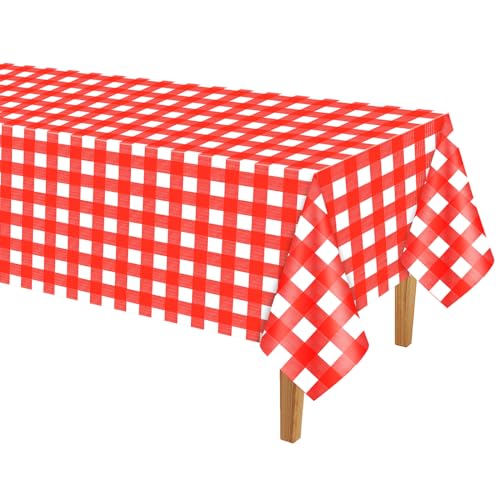 PLULON Rot-weiß Karierte Tischdecke aus Kunststoff, Büffelkaro, Gingham-rote Tischdecke, 137 x 274 cm, für Picknick, Babyparty, Geburtstag, Weihnachten, Party, Urlaub, Abendessen, Tischdekoration von PLULON