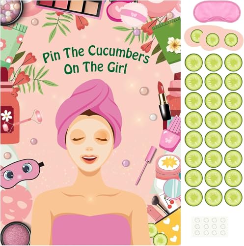 PLULON Spa-Partyspiel Mädchenpartys Pin The Cucumber on The Girl mit 48 Gurken-Spa-Aufklebern Spa-Spiel-Poster Kinder Mädchen Spa Geburtstags-Make-up Pyjama-Party Pyjamaparty-Zubehör Frauenparty-Dekor PLULON Spa-Partyspiel Mädchenpartys Pin The Cucumber on The Girl mit 48 Gurken-Spa-Aufklebern Spa-Spiel-Poster Kinder Mädchen Spa Geburtstags-Make-up Pyjama-Party Pyjamaparty-Zubehör Frauenparty-Dekor von PLULON
