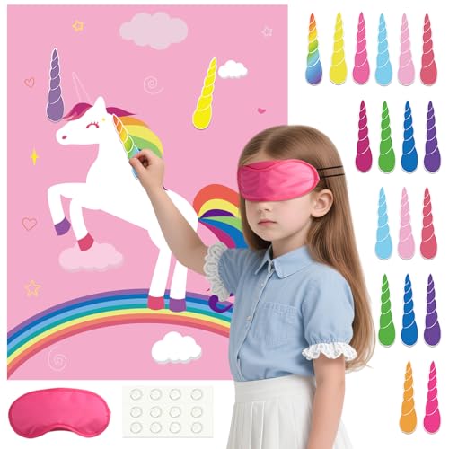 PLULON Stecken Sie das Horn auf das Einhorn für Kindergeburtstagsparty-Spiel, Einhorn-Partyzubehör, Gastgeschenke, Regenbogen-Geburtstagsposter, Wanddekoration für Zuhause, Mädchen und Jungen von PLULON