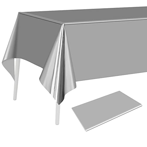 PLULON Tischdecke aus Silberfolie, Kunststoff, 137 x 274 cm, rechteckig, metallisch, Silber, Tischdecke für Hochzeit, Geburtstag, Weihnachtsfeier, Zuhause, Tischdekoration, Babyparty, Partyzubehör von PLULON