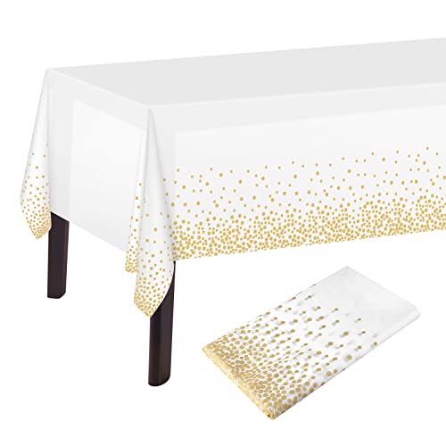 PLULON Weiß und Gold Dot Tischdecke Weiß und Gold Tischdecke 137 x 274 cm Kunststoff Rechteck Tischdecke für Weiß und Gold Party Geburtstag Tischdekoration von PLULON