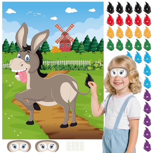 Steck dem Esel den Schwanz an, Spiel für Kinder mit Schwanzaufklebern, PLULON Esel-Poster, Steckspiel für Kinder, Geburtstagsparty, Gastgeschenke, Karneval, Wanddekoration zu Hause, Klassenzimmer, Fam von PLULON