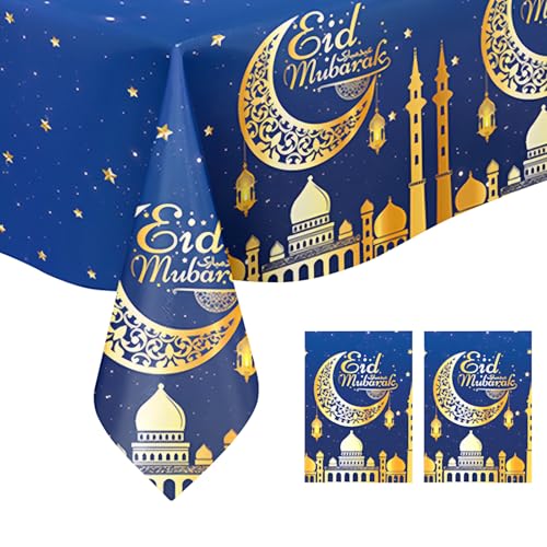 PLUSHCEWT 2Pcs Eid Tischdecken, 137 * 274cm Einweg-Plastik wasserdicht Tischdecken, Eid Party Abendessen Tischdekoration Party Ramadan Tischtuch große Eid Tischtuch Pflegeleichte Tischabdecku (Blau) von PLUSHCEWT