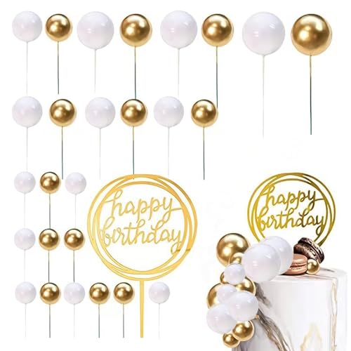 Tortendeko Kugeln,27 Stück Kuchendekorationen Hochzeit goldene Kugeln,Cupcake-Topper, alles Gute zum Geburtstag-Kuchen-Topper mit getrockneten Blumen, DIY-Kuchen-Topper für Geburtstag (Weißgold) von PMELCXD