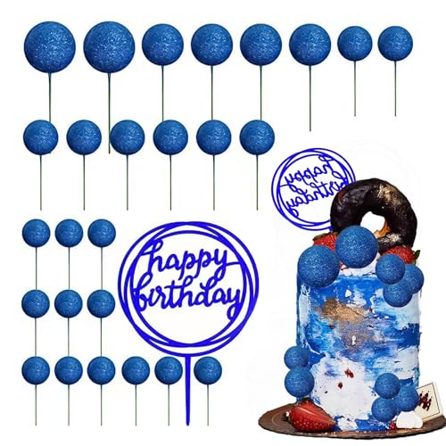 Tortendeko Kugeln Cake Topper,27 Stück Kuchendekorationen für Hochzeit, goldene Kugeln, Cupcake-Topper, alles Gute zum Geburtstag-Kuchen-Topper mit getrockneten Blumen, DIY-Kuchen-Topper (blau) von PMELCXD