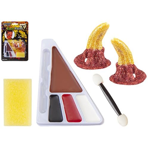 Mehrfarbiges Teufels-Make-up-Set (beinhaltet: 2 Teufelshörner, 1 Schwamm, 1 Applikatorpinsel, 4-Farben-Palette) – perfekt für Halloween, Cosplay, Transformationen mit Spezialeffekten und mehr von PMS