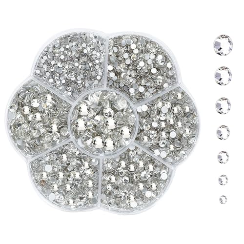 Hotfix-Strasssteine-Set, rund, flache Rückseite, 7 Größen (1,5–4,8 mm), für selbstgemachte Kleidung, Nägel und Handwerk, Silber, 2500 Stück von PMTFUMY