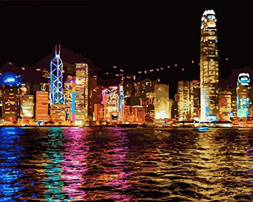 DIY Digital Ölgemälde nach Zahlen Kit Hong Kong Nachtküstenstadt Malen nach Zahlen für Erwachsene Kinder Leinwand Geburtstag Hochzeitsgeschenk Dekorationen 40X50Cm von PNDGMCSY